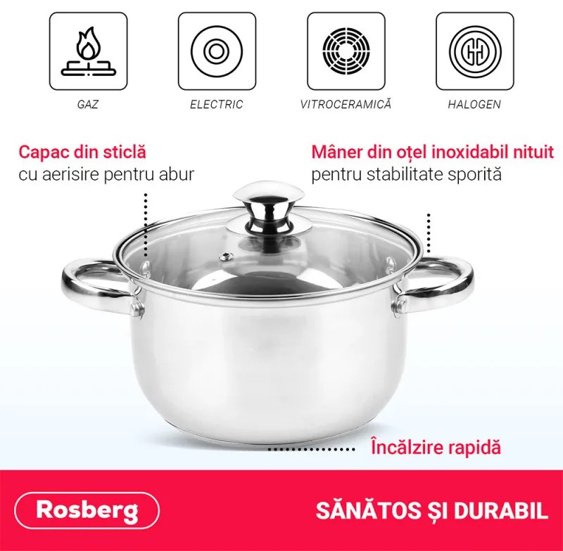 Комплект тенджери Rosberg R51210O6, 6 части, 3-5 L, Стъклен капак, Инокс