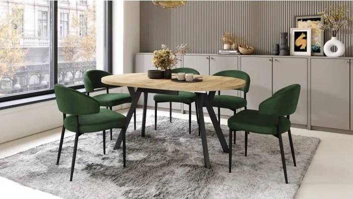 АЛМО Дъб Крафт злато/черни крака - КРЪГЛА РАЗТЕГАТЕЛНА МАСА С Y-ОБРАЗНИ КРАКА В ЛОФТ/ИНДУСТРИАЛЕН СТИЛ ЗА ХОЛ ИЛИ ТРАПЕЗАРИЯ