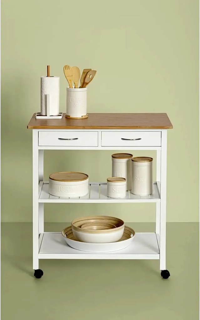 Кухненска количка 5five, Голяма, Бяло дърво и бамбук, С ефект