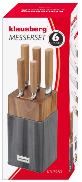Комплект ножове Klausberg KB 7983, 6 части, Неръждаема стомана, Стойка от акациево дърво, Кафяв/графит