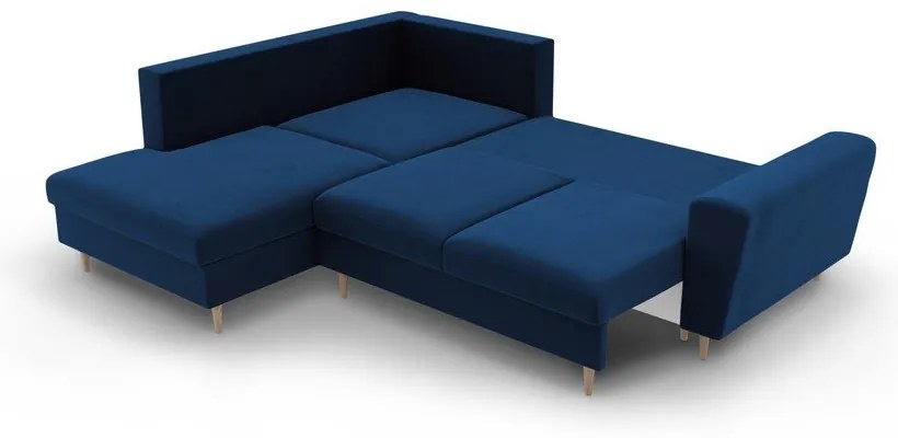 Син кадифен разтегателен ъглов диван с място за съхранение (ляв ъгъл/L форма) Kyoto – Cosmopolitan Design