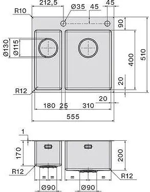 МЕТАЛНА МИВКА FALMEC GARDA 18+31 inox (54.5x51.0) над плот/равен