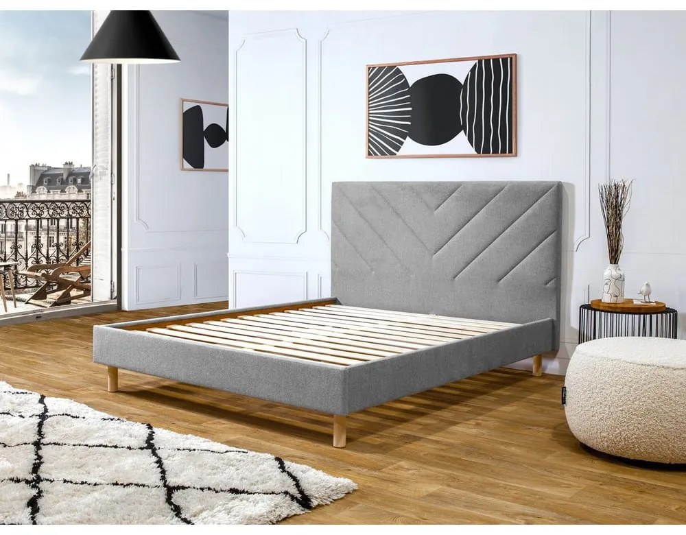 Светлосиво тапицирано двойно легло с включена подматрачна рамка 160x200 cm Romane – Bobochic Paris