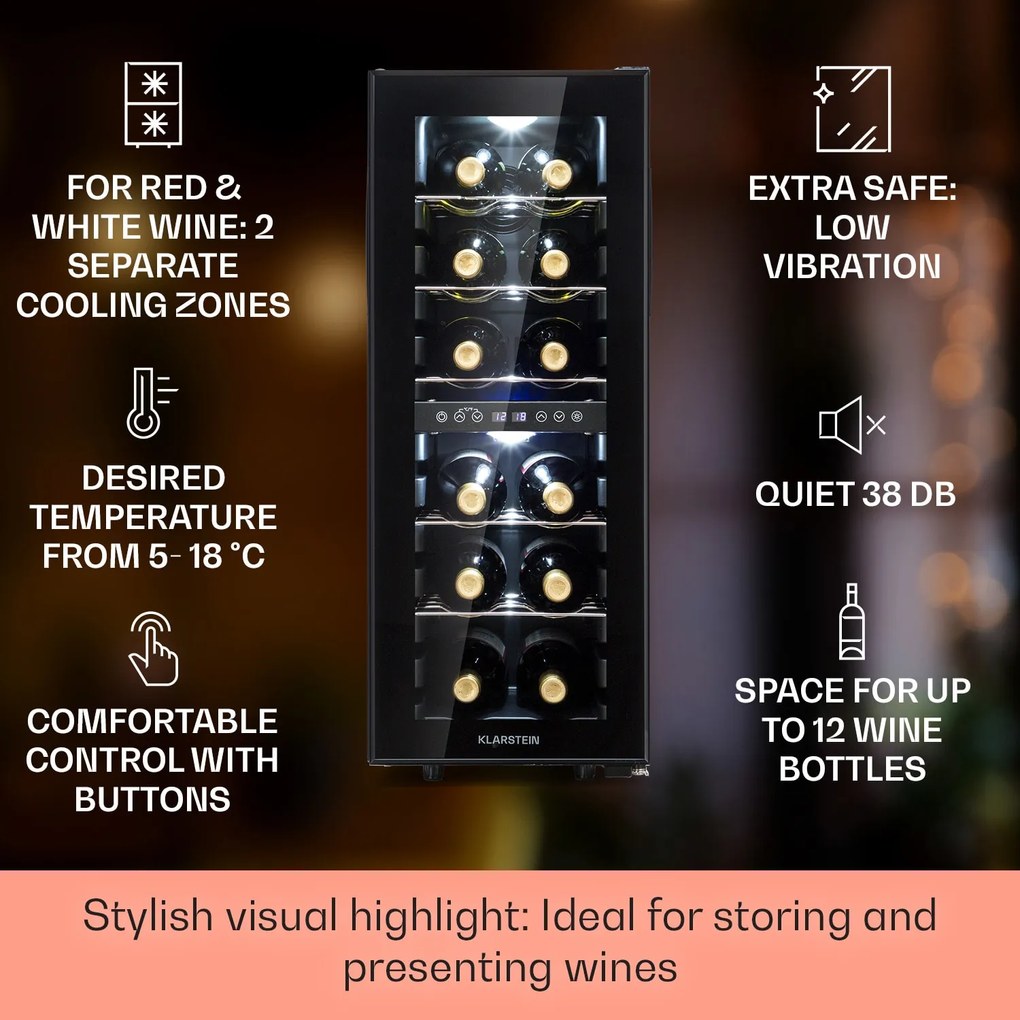 Klarstein Shiraz 12 Duo охладител за вино 2 зони 42L/12 бутилки 5-12 / 12-18 °C Докосване