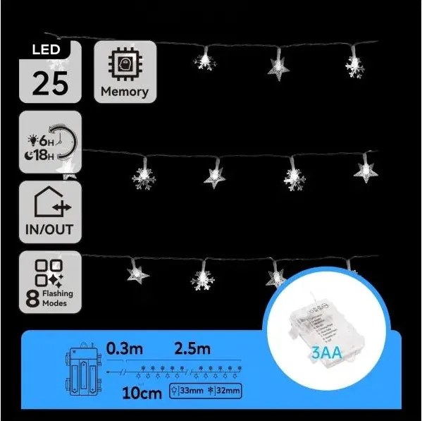 Aigostar - LED външна коледна гирлянда 25x LED / 8 режима, захранване 3x AA, 2,5 m, IP44, студено бяло