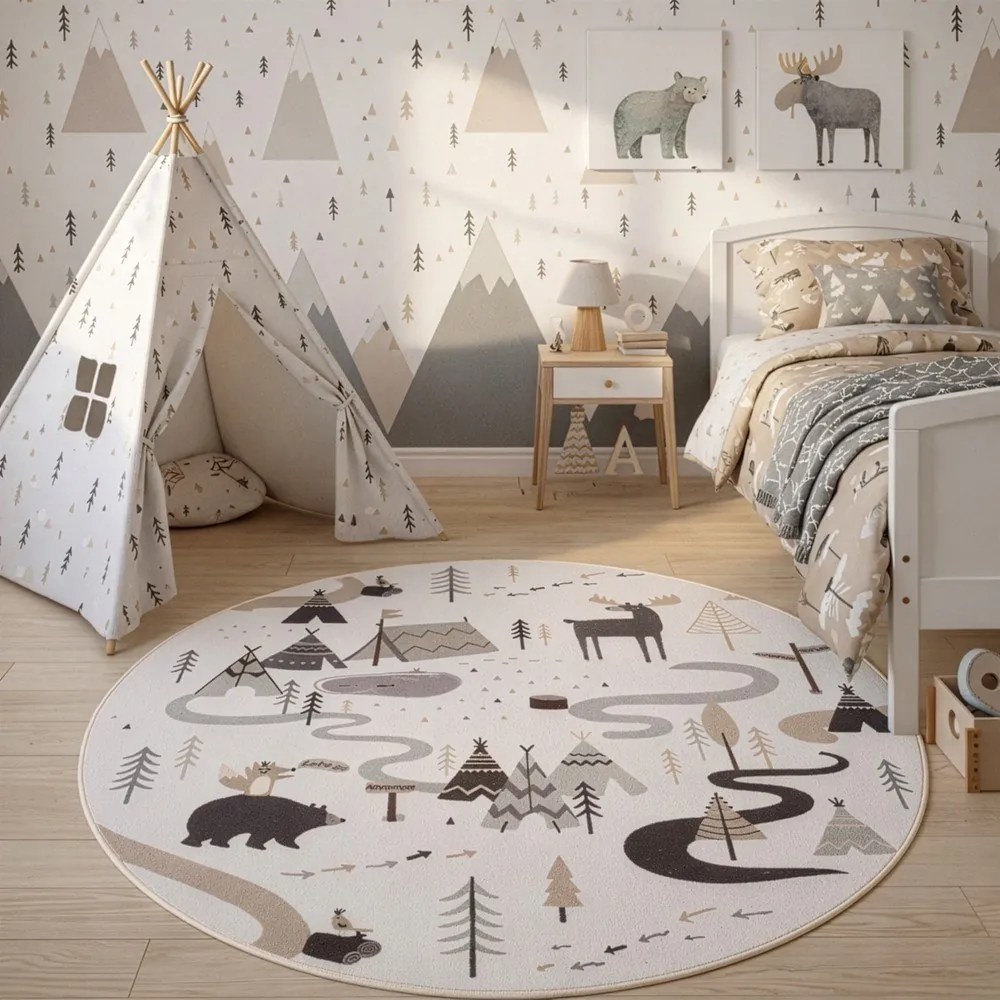 Кремав детски килим подходящ за пране ø120 cm Coco 1135 – Ayyildiz Carpets