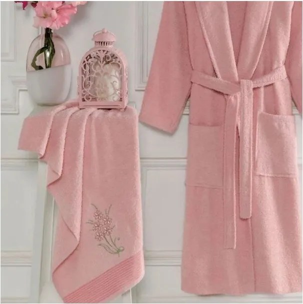 Розов памучен халат за баня и кърпа в комплект размер S/M – Mila Home