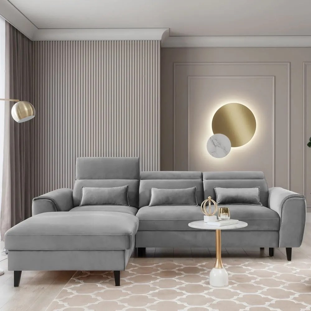 Сив кадифен разтегателен ъглов диван с място за съхранение (ляв ъгъл) Foble – ELTAP