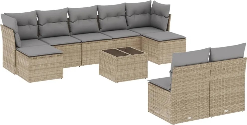 3250118 vidaXL Градински диван с възглавници, 10 части, бежов полиратан