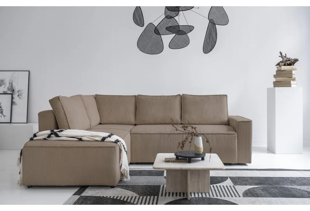 Бежов разтегателен ъглов диван от рипсено кадифе (ляв ъгъл) Brave Dave – Miuform