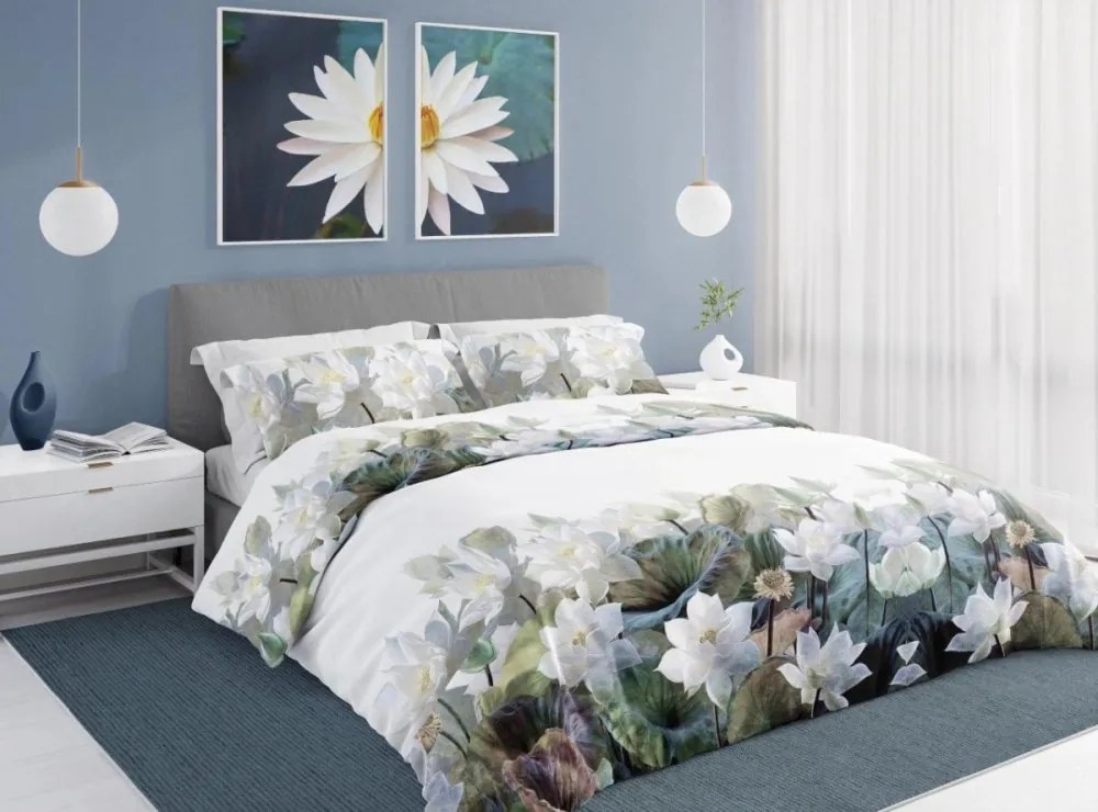 Чаршафи с памучен сатен с мотив на бял лотос 3 časti: 1ks 160x200 + 2ks 70x80