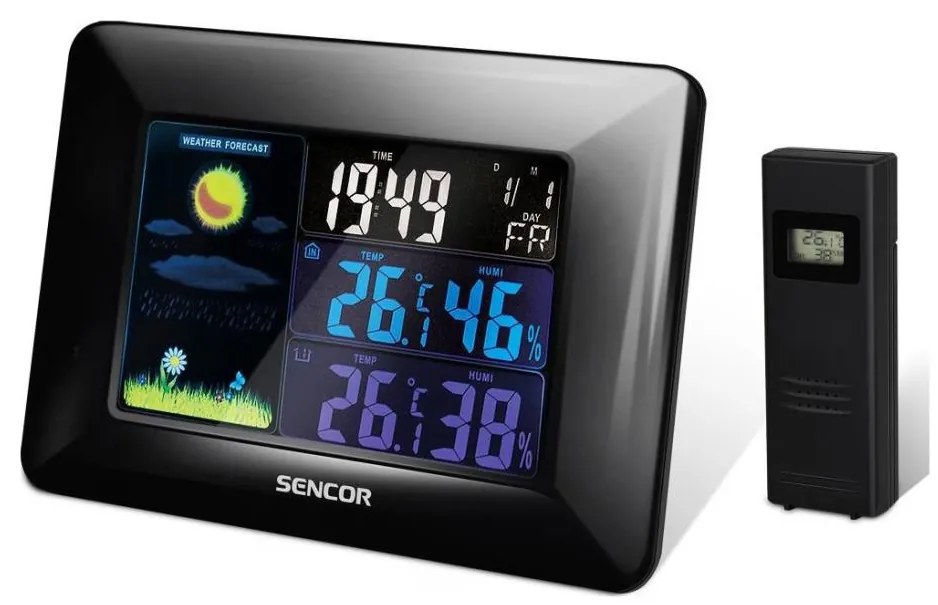 Sencor - Метеорологична станция с цветен LCD дисплей и будилник 3xAAA + 2xAA черен