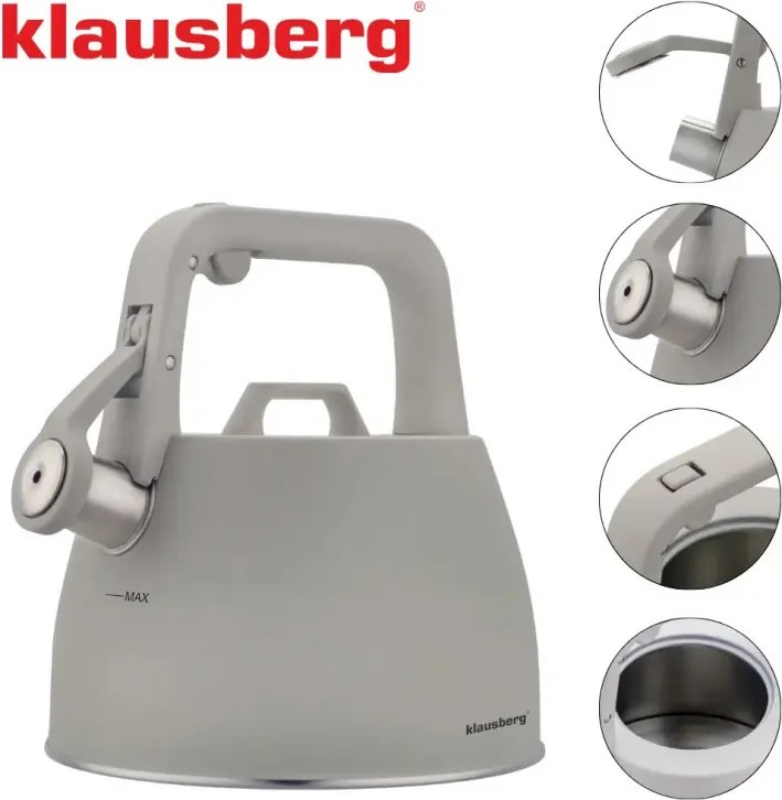 Свирещ чайник Klausberg KB 7916, 2.5 л, Топлоизолирана дръжка, Индукция, Сив