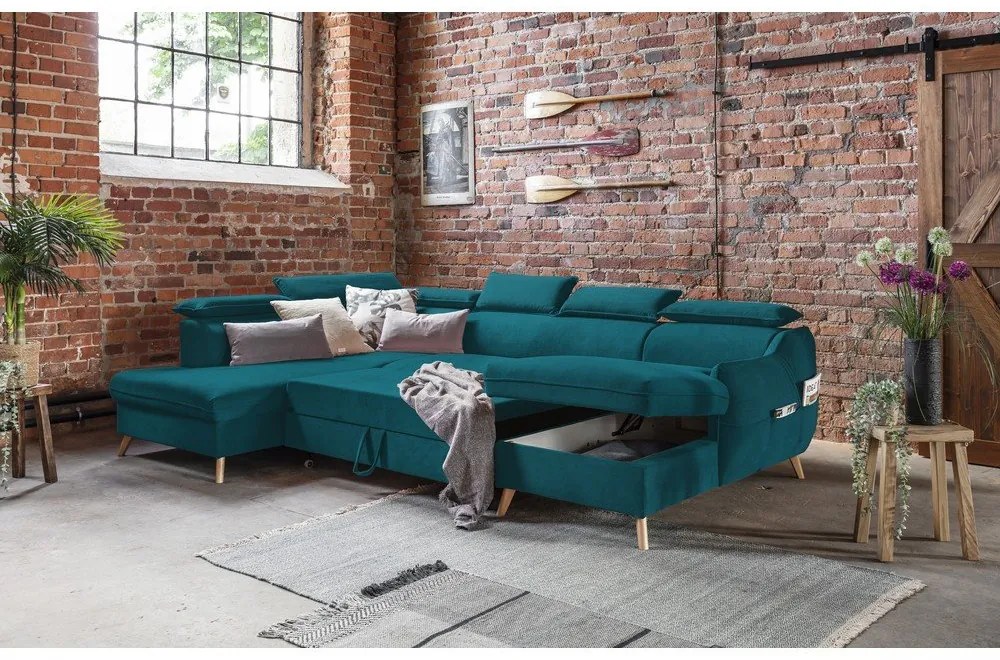 Тюркоазен кадифен U-образен ъглов диван (ляв ъгъл) Sweet Harmony - Miuform