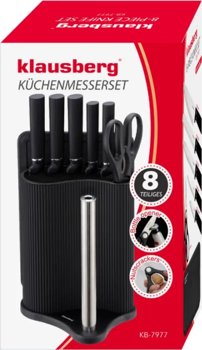 Комплект ножове Klausberg KB 7977, 8 части, Неръждаема стомана, Стойка, Държач за кухненска хартия, Черен