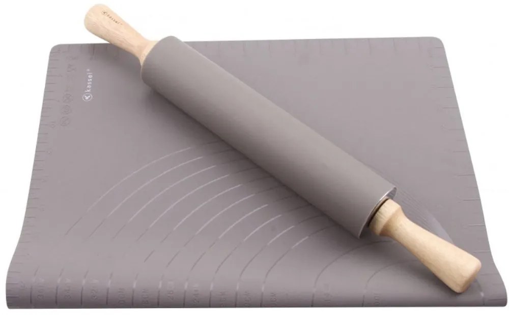 Комплект подложка за месене, точене, печене и точилка Kassel K 93708, 2 части, Силикон и дърво, Сив