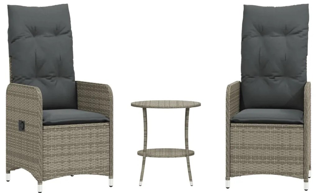 365692 vidaXL Накланящи се градински столове, 2 бр, с маса, сив, полиратан