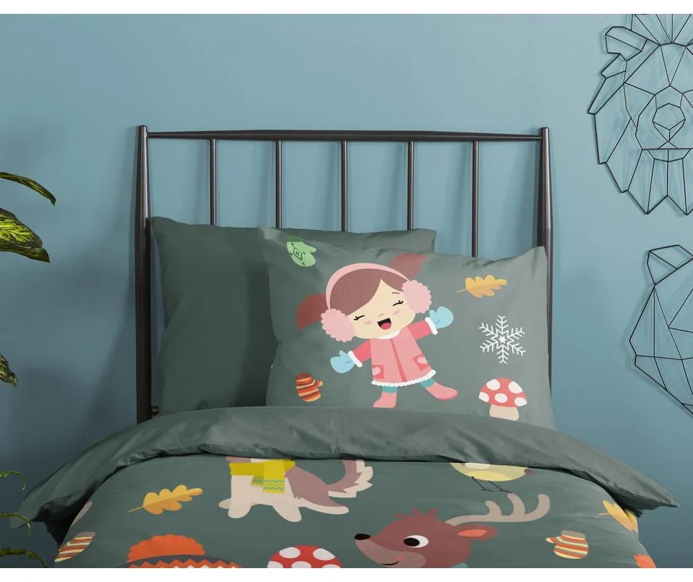 Тъмнозелено единично удължено памучно детско спално бельо 140x220 cm Fun – Good Morning