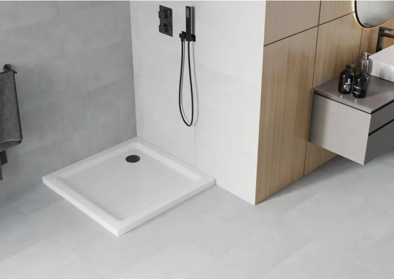 Mexen Flat квадратно тънко душово корито 90 x 90 см, бяло, черен сифон - 40109090B