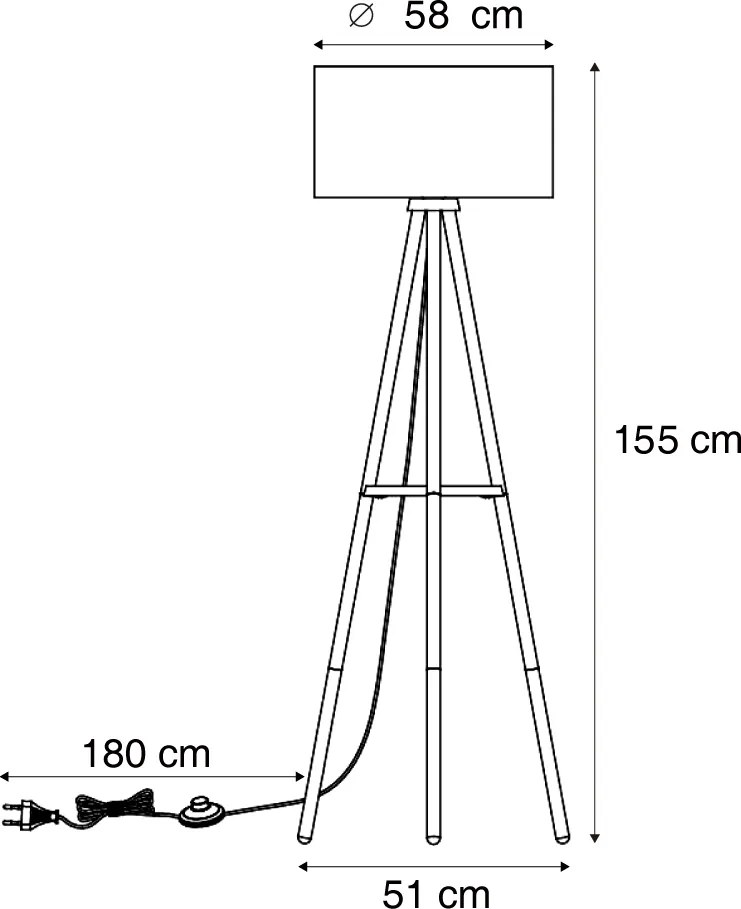 Подова лампа триножник дърво с бежов плюшен платнен абажур 50 см - Lou