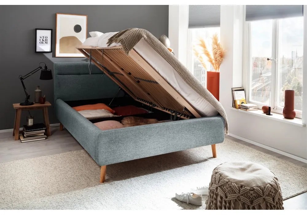 Сиво-синьо двойно легло 140x200 cm тапицирано с място за съхранение с включена подматрачна рамка Lotte – Meise Möbel