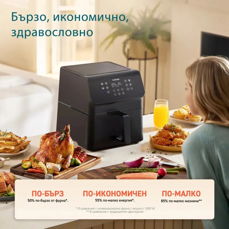 Фритюрник с горещ въздух Cosori Premium II CAF-P651-KEUR, 6.2 л, 11 програми, Таймер, AirWhisper, Черен