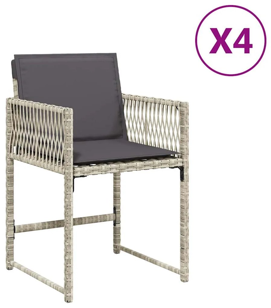 365022 vidaXL Градински столове с възглавници, 4 бр, светлосиви, полиратан