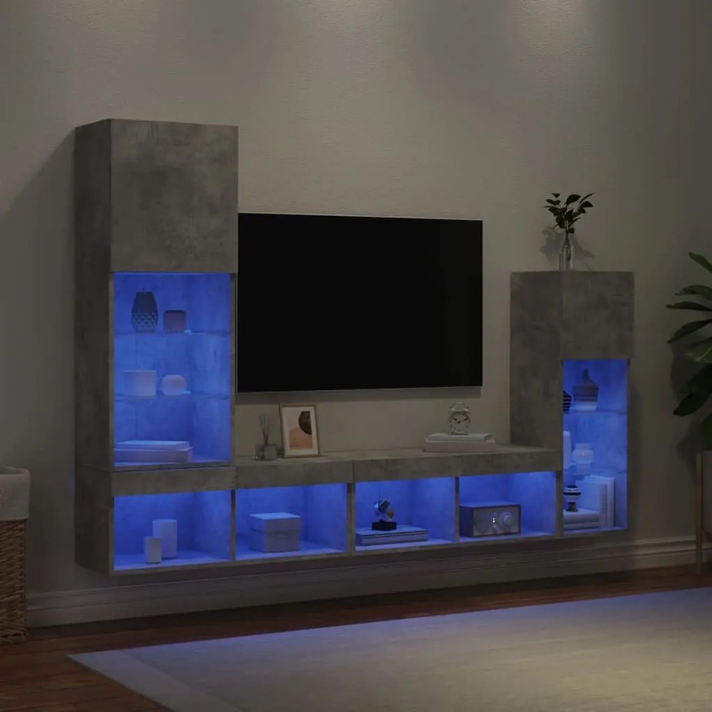 3216650 vidaXL ТВ стенни модули с LED, 4 части, бетонно сиви, инженерно дърво