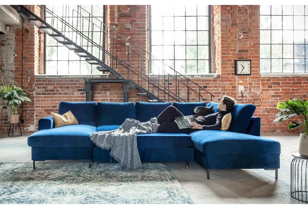 Морскосиньо кадифе, U-образен разтегателен диван, десен ъгъл Lofty Lilly - Miuform