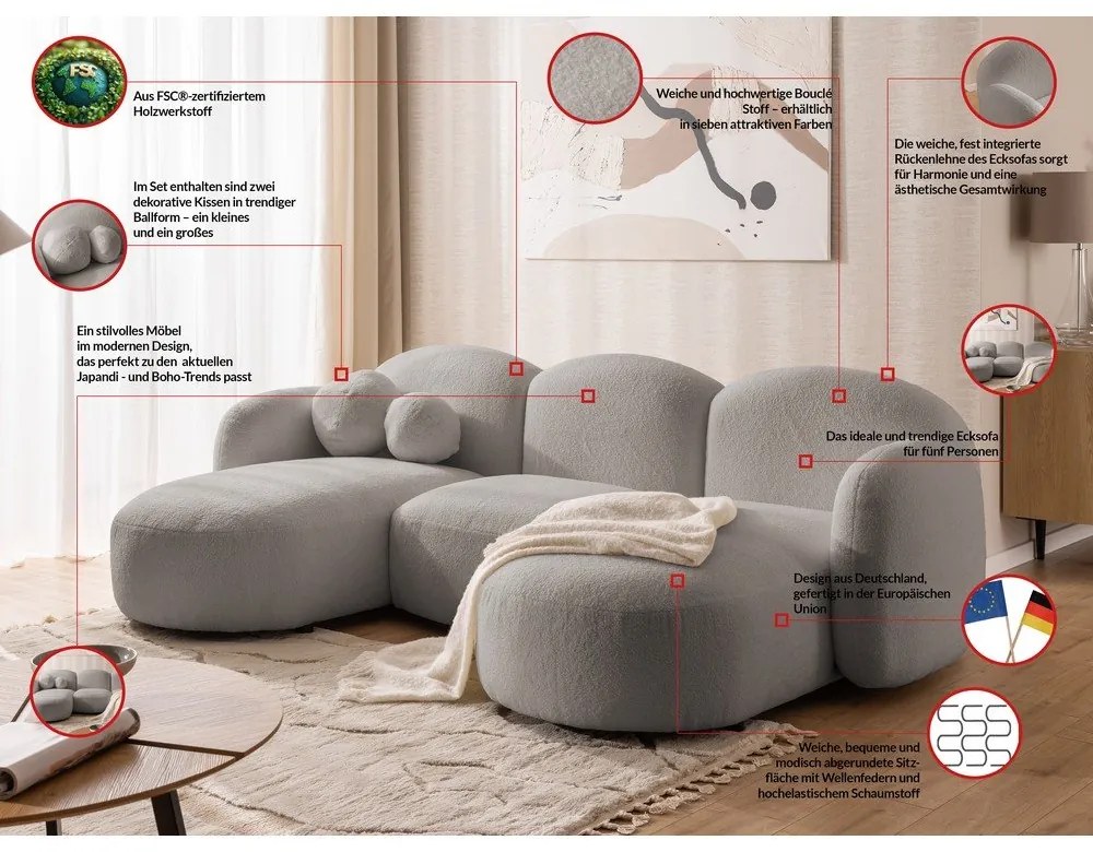 Сив ъглов диван от прежда с примки от букле (U форма) Orbit – Ropez