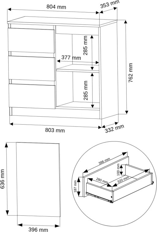 Комод R-80-S3 с чекмеджета 80 см - различни цветови варианти Бял