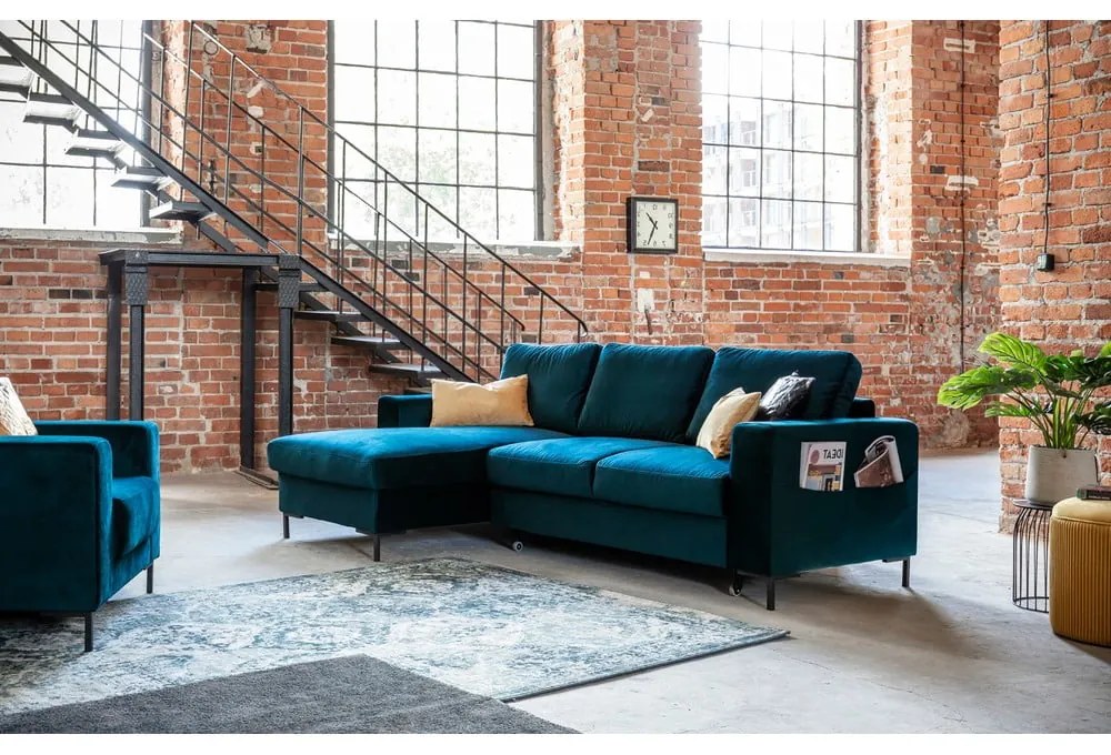 Кадифен разтегателен ъглов диван петролен (ляв ъгъл) Lofty Lilly – Miuform