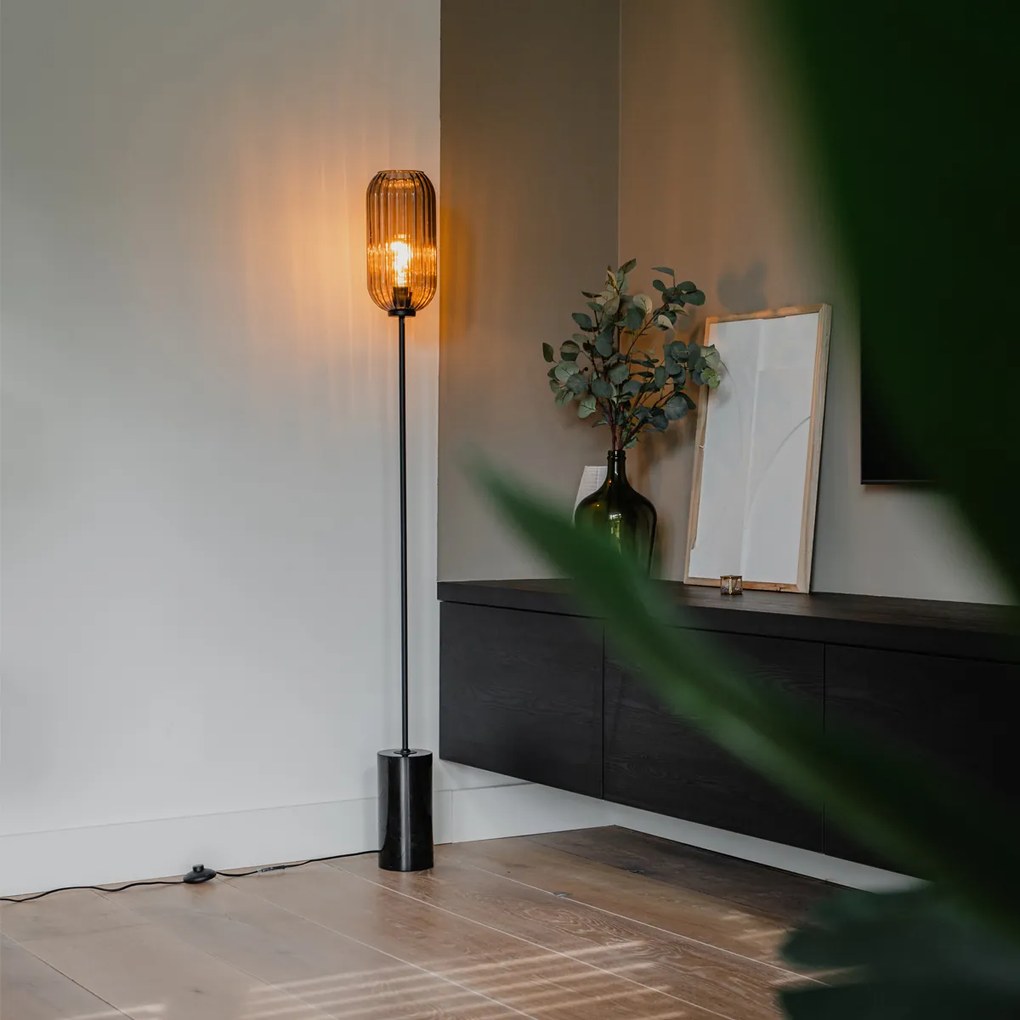 Подова лампа в стил Арт Деко черна с опушено стъкло - Rid