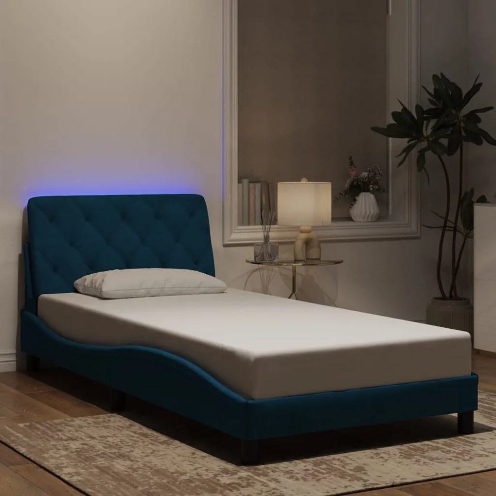 3213841 vidaXL Рамка за легло с LED осветление без матрак, синя, 100x200 см, кадифе