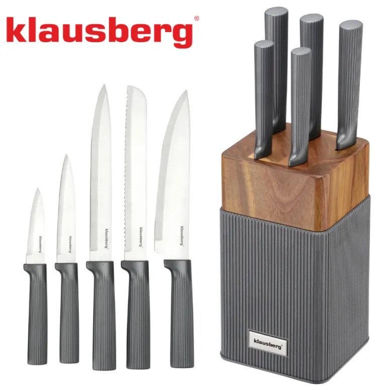 Комплект ножове Klausberg KB 7982, 6 части, Неръждаема стомана, Стойка от акациево дърво, Графит/кафяв