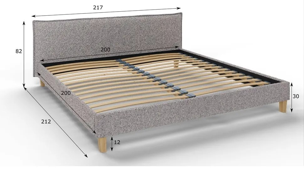 Сиво тапицирано двойно легло с решетка 200x200 cm Tina - Ropez