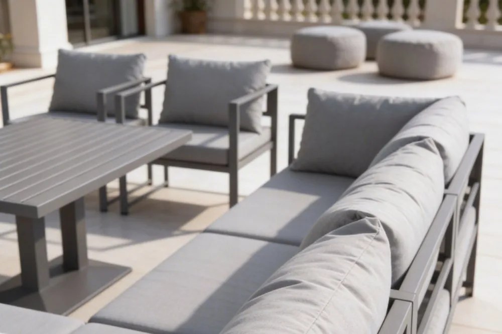 Голям ъглов комплект с фотьойли и регулируема маса XL-NM-2006 - сив + сиви възглавници