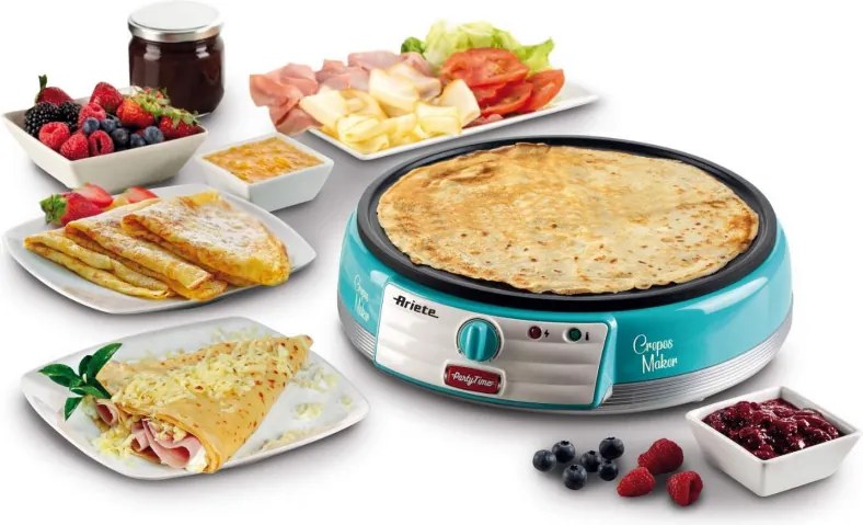 Уред за палачинки Ariete PARTY TIME 0202/01, 1000W, Незалепващо покритие, Лесно почистване, Индикатор за готовност, Тюркоаз