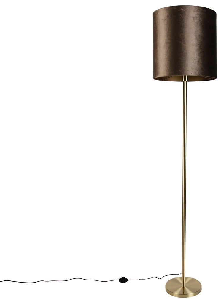 Подова лампа месинг с кадифена абажура кафява 40см - Simplo