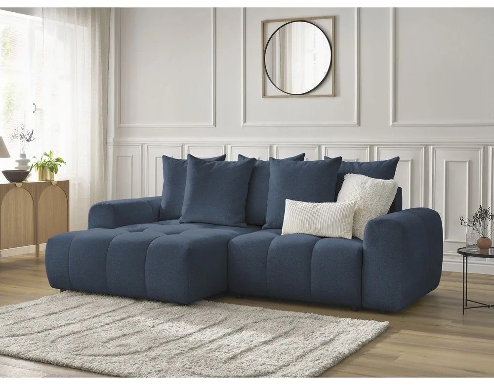 Син шенилов разтегателен ъглов диван с място за съхранение (ляв ъгъл) Roxelane – Bobochic Paris