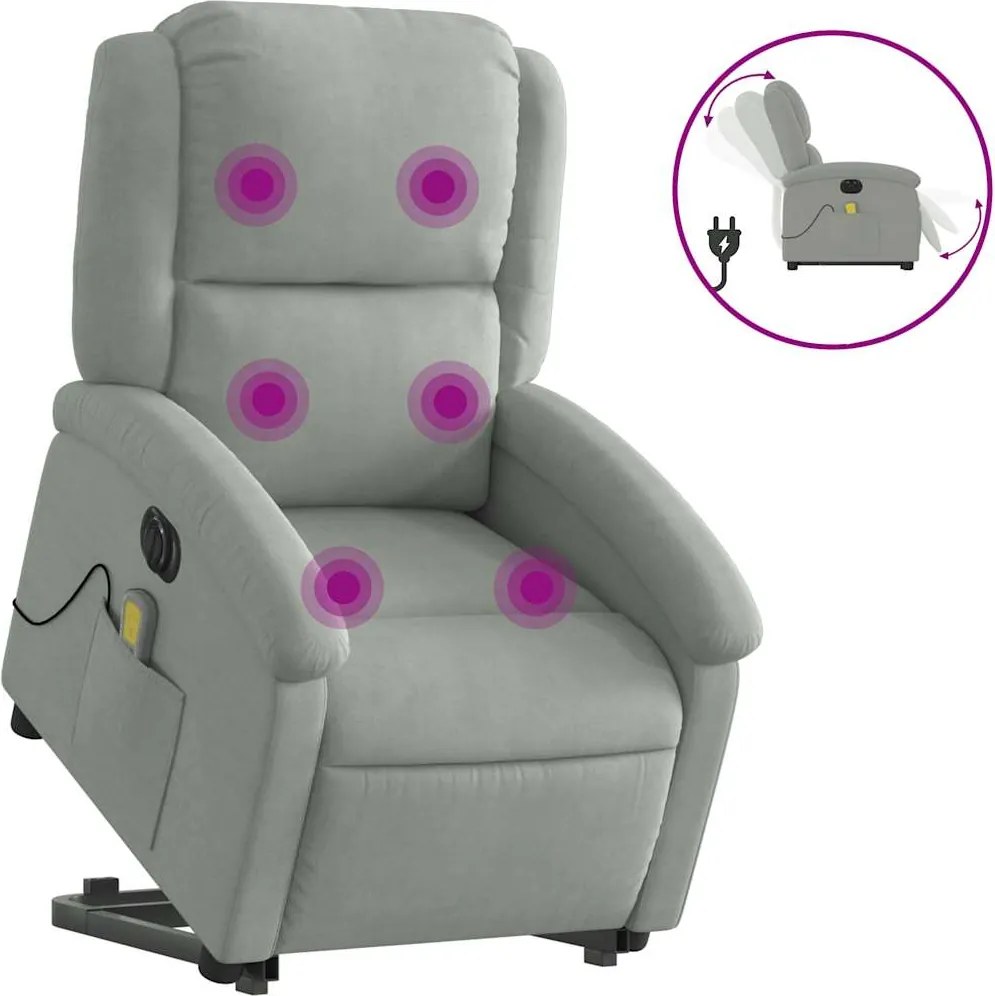 3204333 vidaXL Електрически изправящ масажен реклайнер стол, светлосив, кадифе