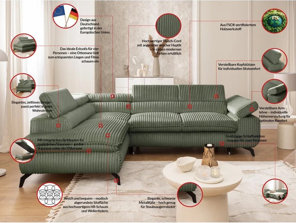 Зелен ъглов диван от рипсено кадифе (ляв ъгъл L форма) Marbeya – Ropez