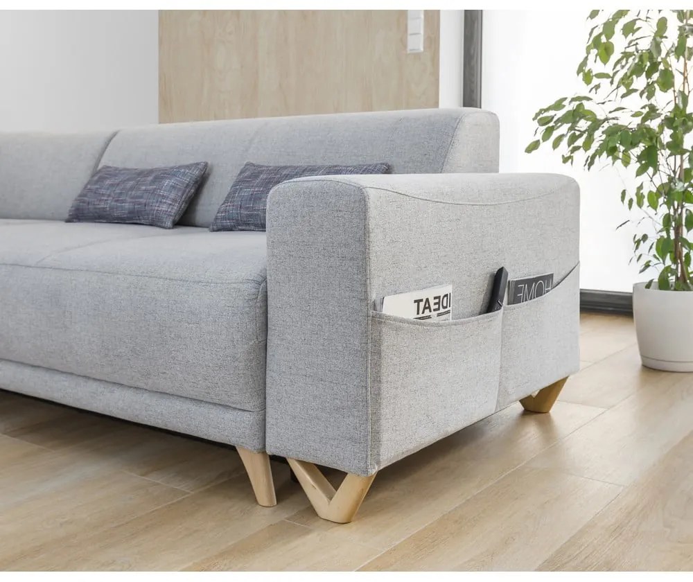 Светлосив разтегателен/с място за съхранение ъглов диван (ляв ъгъл/L форма) Classy Sophie – Miuform