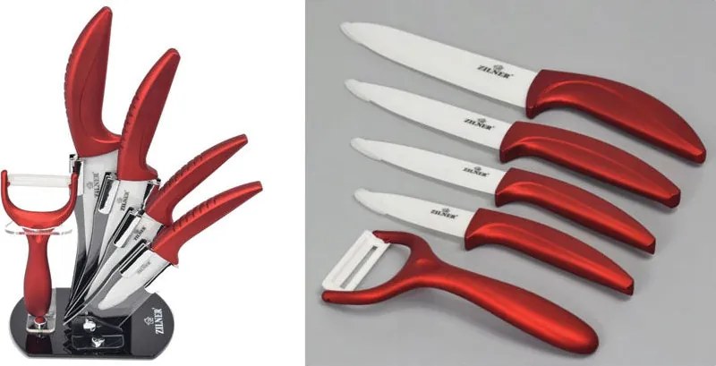 Комплект ножове с поставка ZILNER ZL 5123, 6 части, Белачка, Керамично покритие, Червен