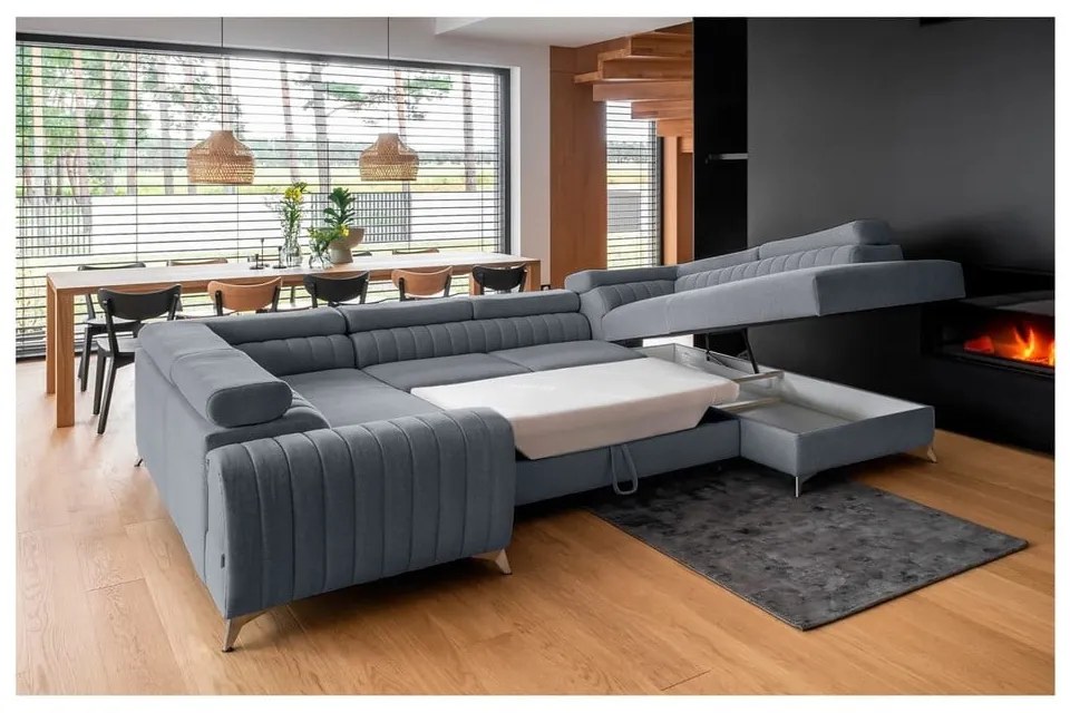 Син сгъваем/с място за съхранение ъглов диван (десен ъгъл/U форма) Louis – ELTAP