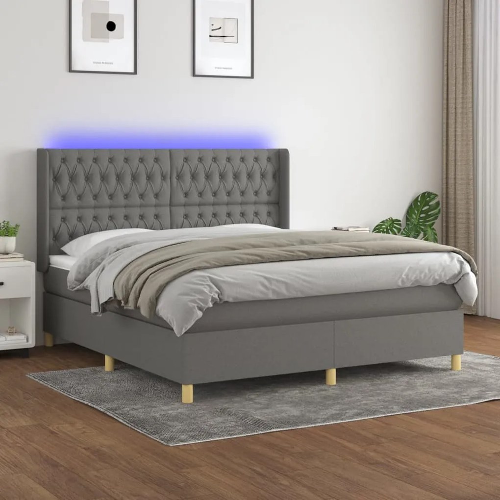 3139134 vidaXL Боксспринг легло с матрак и LED, тъмносиво, 180x200 см, плат