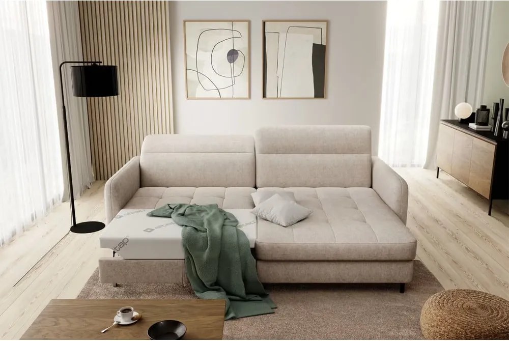 Бежов шенилов разтегателен ъглов диван с място за съхранение (десен ъгъл) Gomsi – ELTAP