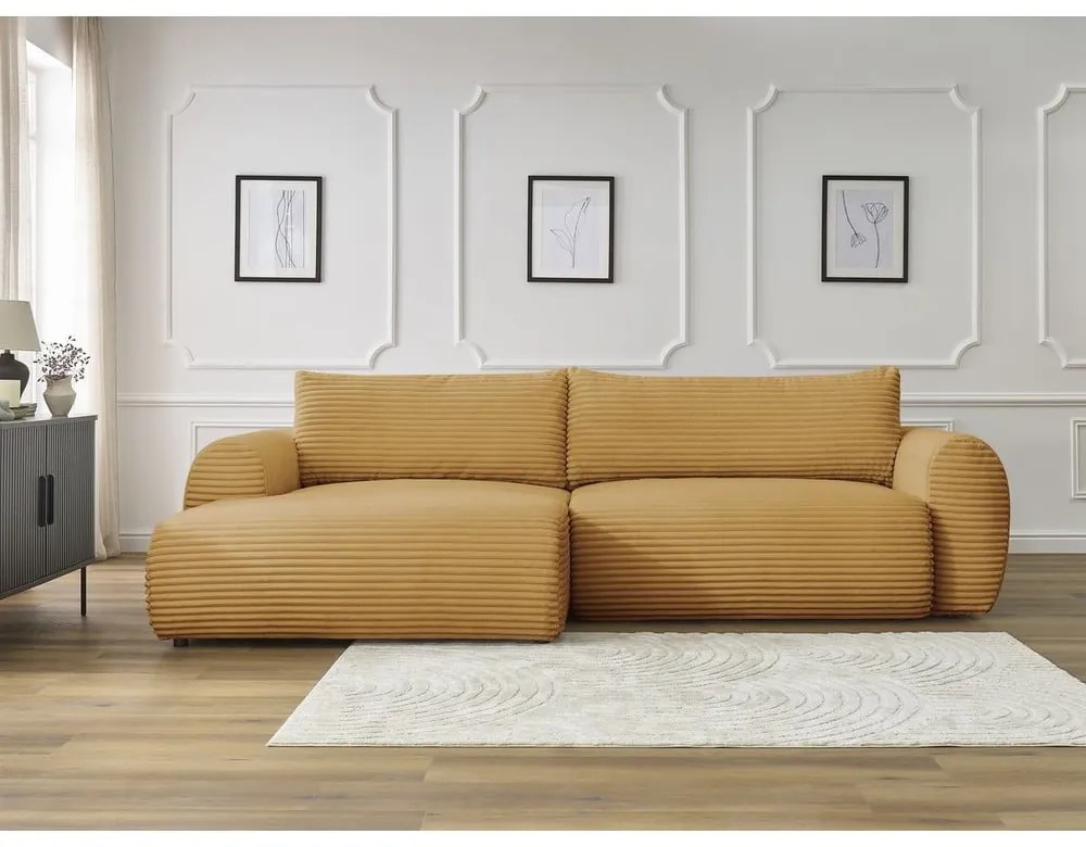 Разтегателен ъглов диван от рипсено кадифе в цвят горчица (ляв ъгъл) Lucien – Bobochic Paris