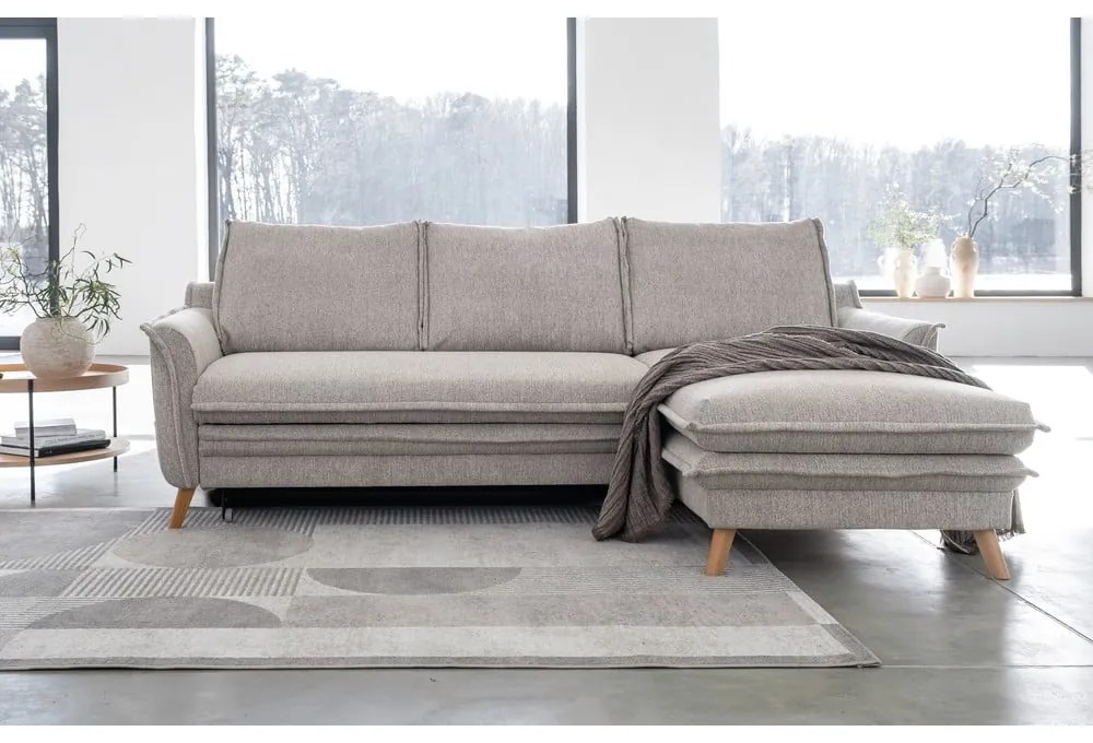 Сиво-бежов разтегателен/с място за съхранение ъглов диван (десен ъгъл) Charming Charlie – Miuform