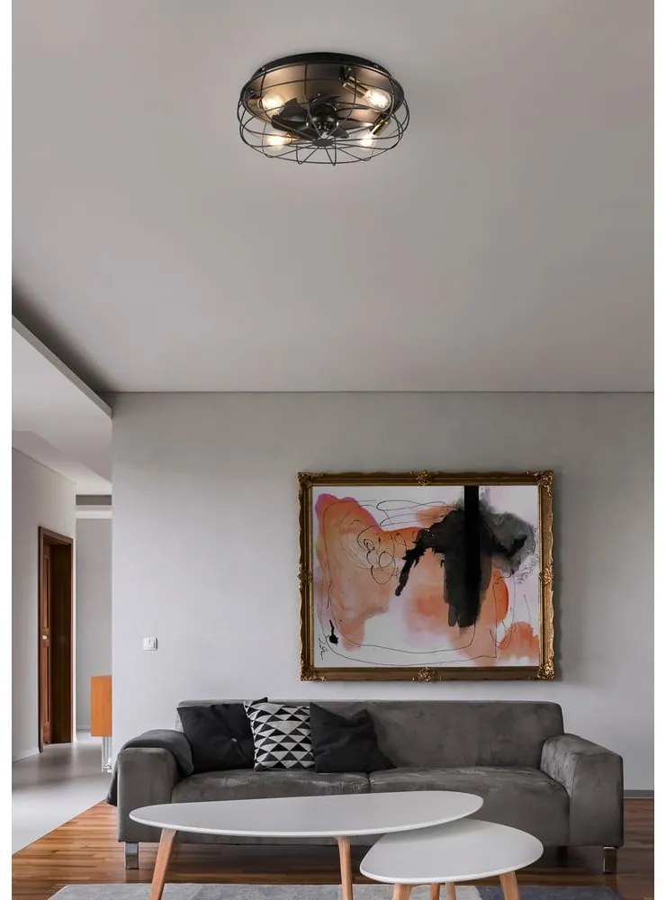 Матово черно осветително тяло за таван с дистанционно управление/с вентилатор Trondheim – Reality